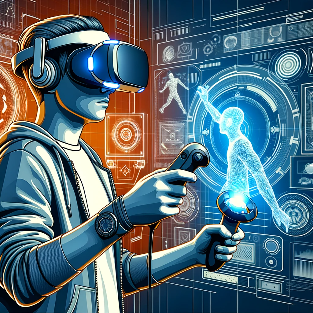 Realistic and detailed vector-style artwork of a person using virtual reality equipment.