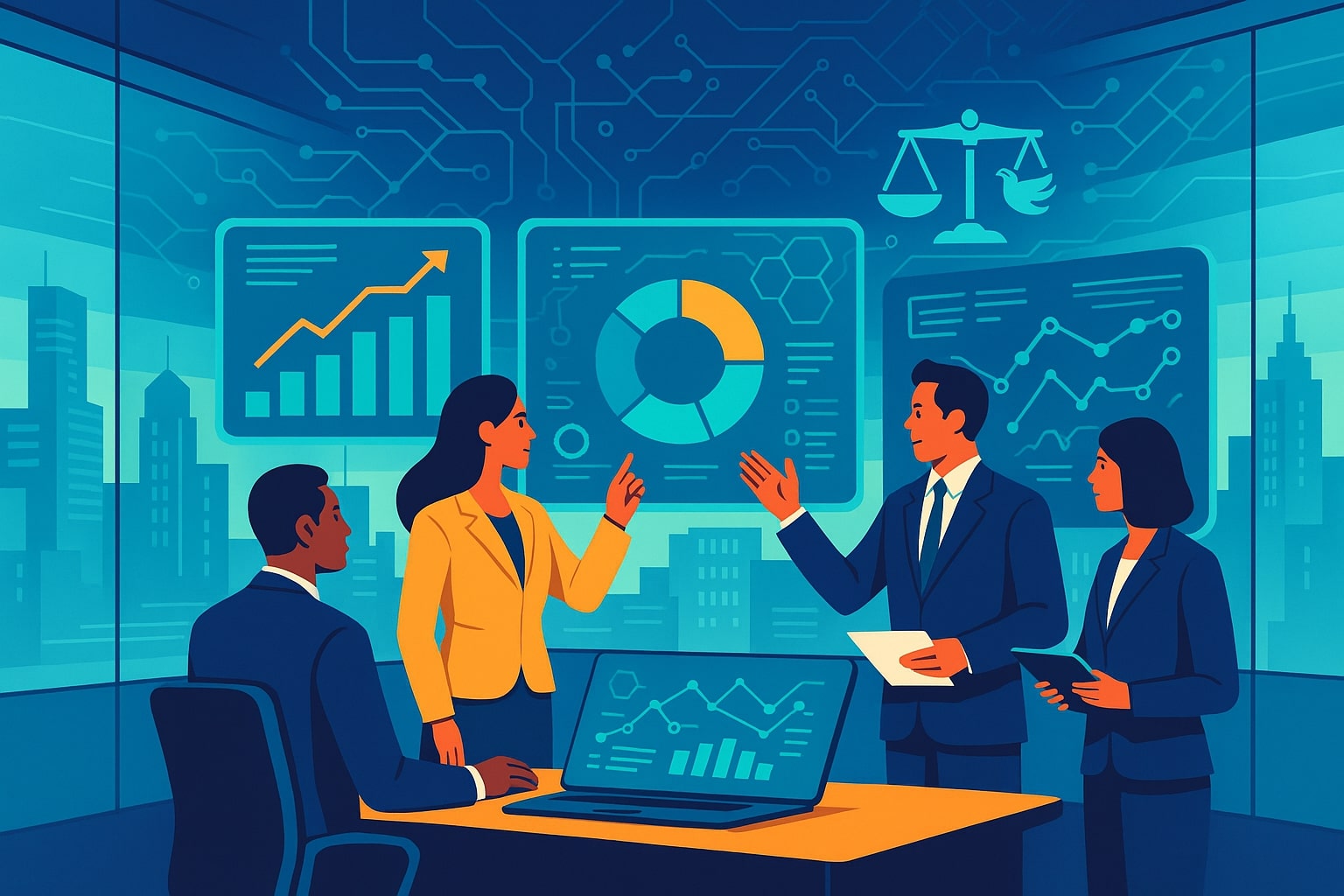 A flat-style digital illustration of a futuristic government control room with four diverse officials analyzing floating holographic data displays. The background shows neural network patterns and a smart city skyline through glass walls. Digital dashboards with graphs, charts, and symbols of justice and ethics are integrated into the scene. The officials are engaged in collaborative discussion, dressed in modern business attire, surrounded by glowing interfaces in vibrant blue, teal, and orange tones.