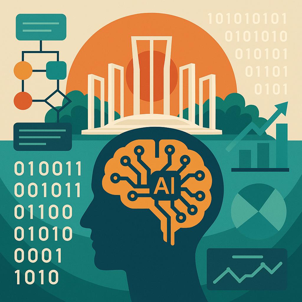 A flat-design digital illustration depicting the concept of a national Bangla Large Language Model (LLM). In the foreground, a silhouette of a human head contains an orange circuit-patterned brain labeled “AI.” Behind it stands the Shaheed Minar monument, symbolizing Bangladesh’s linguistic heritage, set against an orange sun. Surrounding elements include binary code, flowcharts, graphs, and charts representing data, governance, and digital infrastructure. The color palette consists of teal, orange, and beige tones, emphasizing a blend of technology and national identity.